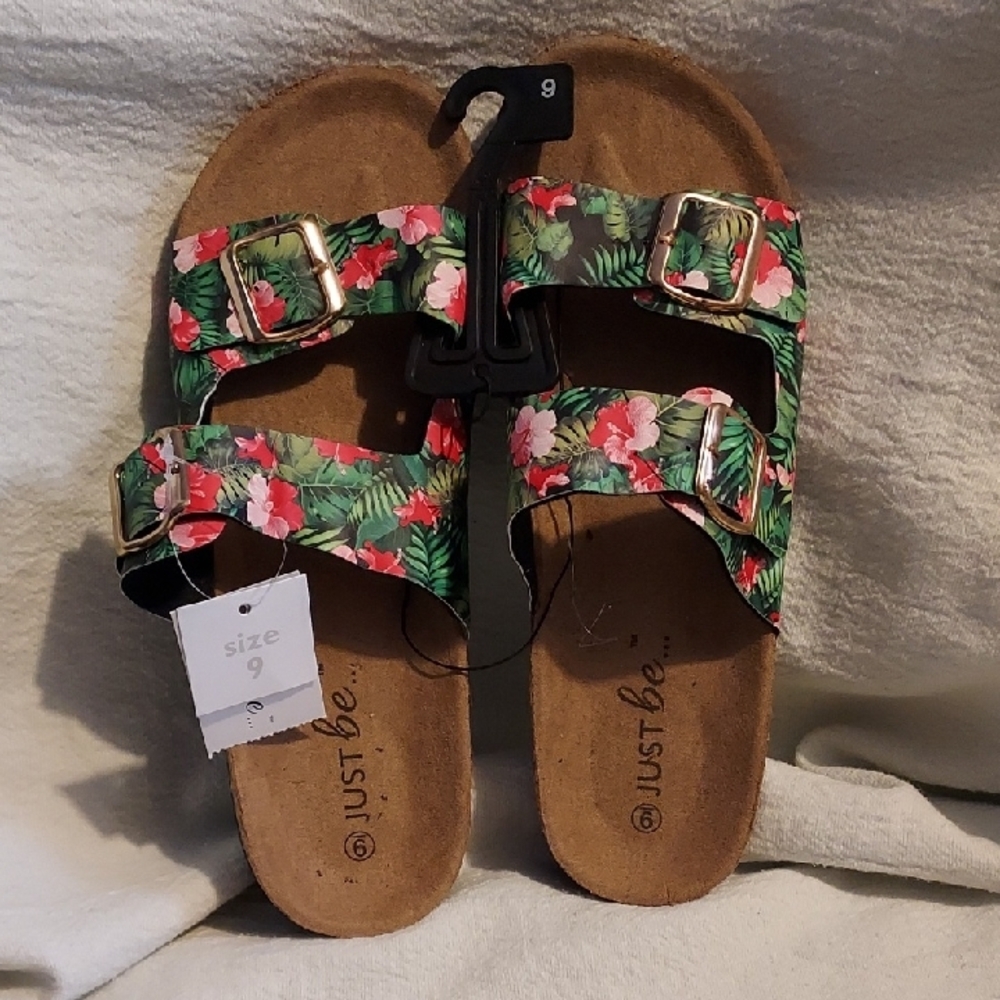 Just Be Floral Sandals with Gold Buckles